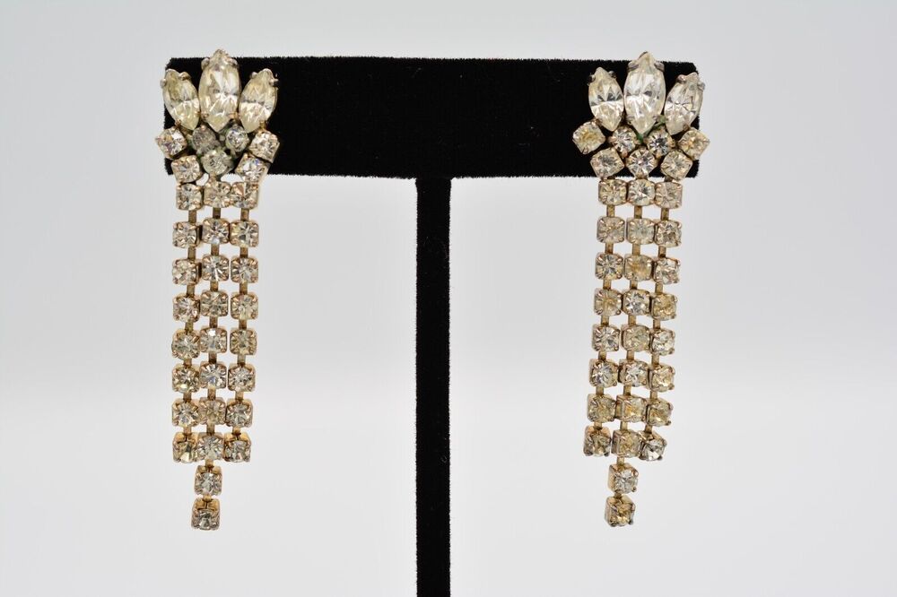Vintage Chandelier Crystal Earrings Prong Rhinestone Silver Dangle 1980s BinAK